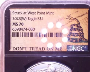 2023 $1 American Silver Eagle DON'T TREAD ON ME LABEL  NGC MS70 1ST DAY OF ISSUE - Picture 1 of 3