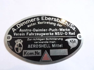 Typenschild oldtimer A.Dimmers Ebersbach Schild Händlerschild NSU Puch D-Rad S22 - Picture 1 of 1