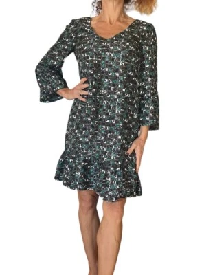 TIBI NEW YORK SILK GEOMETRIC SHIFT FLOUNCE DROP WAIST  3/4 BELL SLEEVE DRESS 4 - Image 1 of 4