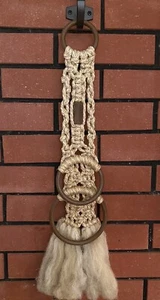 Vintage Macrame 2 Ring Towel Holder 21.5 Inches Long Rings Brown Wooden - Picture 1 of 4