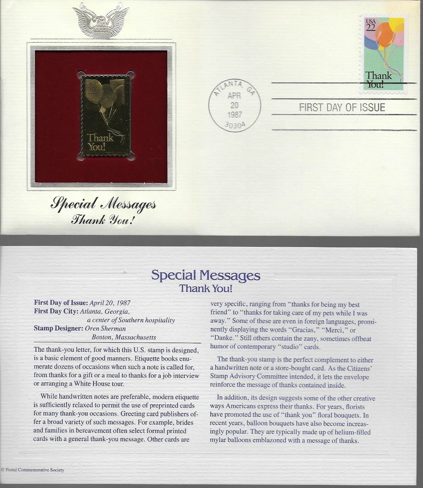 Special Messages-Thank You-1st day issue-Golden Replica - Image 1 of 1