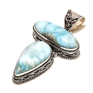 Natural Dominican Larimar Gemstone .925 Sterling Silver Jewelry Pendant 2.7" - Picture 1 of 4