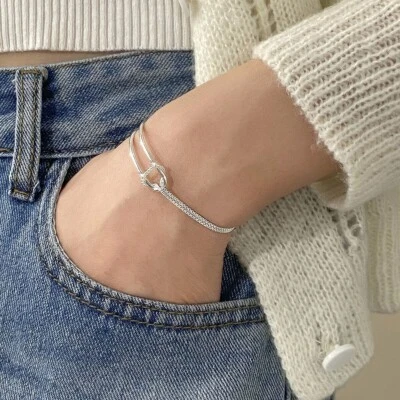 Women Real S925 Sterling Silver 2 Layers Chain Knot Bangle Bracelet 7.5 inches - Image 1 of 4