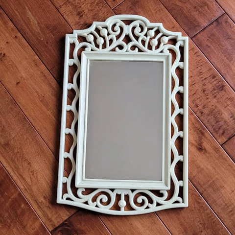 Vintage White Homeco Faux Wood Scroll Cut Out Wall Mirror Cover