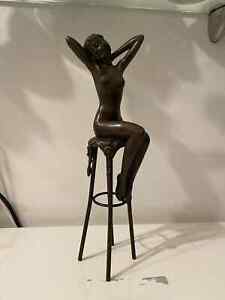 Bronze Vinatge Statue art  Deco  Segned D.H Chiparus Figure Female nude on stool