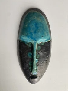 Vtg Raku Studio Art Pottery Clay Face Mask Lyon 730 Turquoise Blue Black - Picture 1 of 14