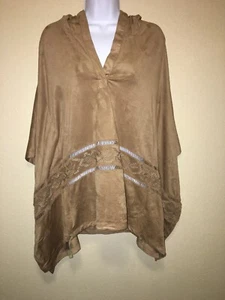 MONORENO Faux Suede Hoodie Poncho Crochet Trim SZ S NEW - Picture 1 of 6