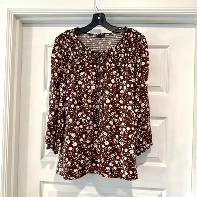 West Kei Women's Blouse Top size XXL Floral Tie Front 3/4 Sleeve Brown Smocking  - Image 1 of 4