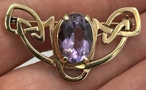 Vintage Art Nouveau Style 9ct Gold & Amethyst Brooch. Edinburgh 1977. 8.1 Grams - Picture 1 of 4