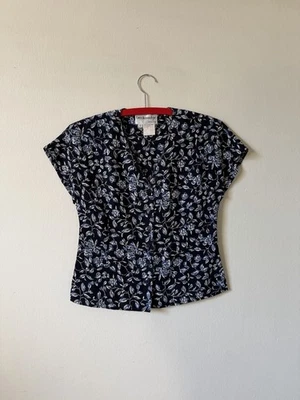 Blusa Top Vintage Breckenridge Talla 2 Abotonada Floral Azul Cónica Foto 1 de 4