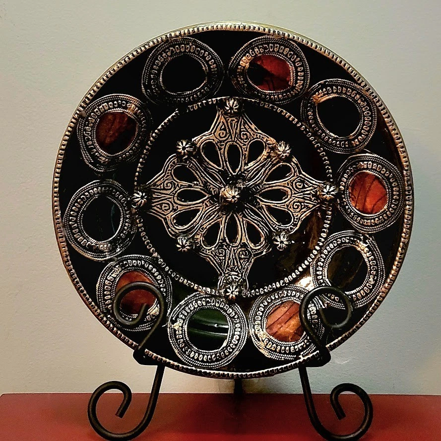 Amazigh Handcrafted Moroccan Metal Overlay Leather Medallion Ceramic Bowl - Image 1 of 4