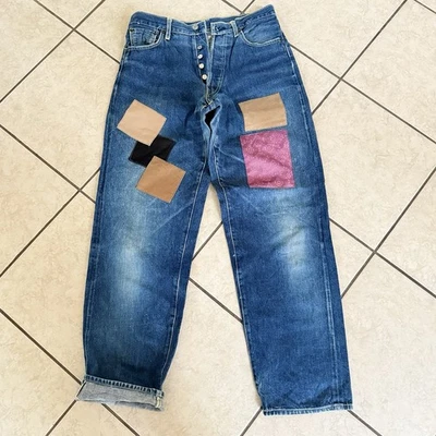 Selvedge Jeans Mens 29x32 Button Fly Patched Faded Whiskered Unbranded Unique - image 1 of 4