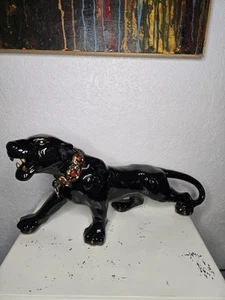 Vintage MCM Black Panther Statue Gold Jewel Tone Collar Green Jewel Eyes TV - Picture 1 of 12