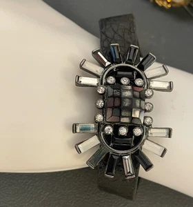 Vintage chunky silver tone black leather Bracelet snap crystals modernist - Picture 1 of 8