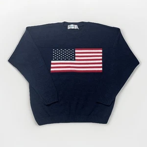 Vintage 80s New Era American Flag Navy Blue Knit Sweater Men’s Large Made In USA - Picture 1 of 11