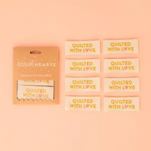 Quilted with Love Gold Woven Sewing Labels Tags~Sarah Hearts~Premium Quality - Picture 1 of 3