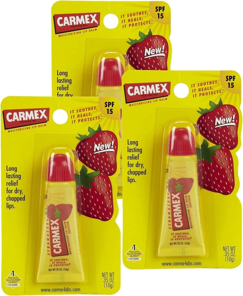Carmex strawberry Burst Lip Balm Tube - 10g , Pack 3 sealed pack