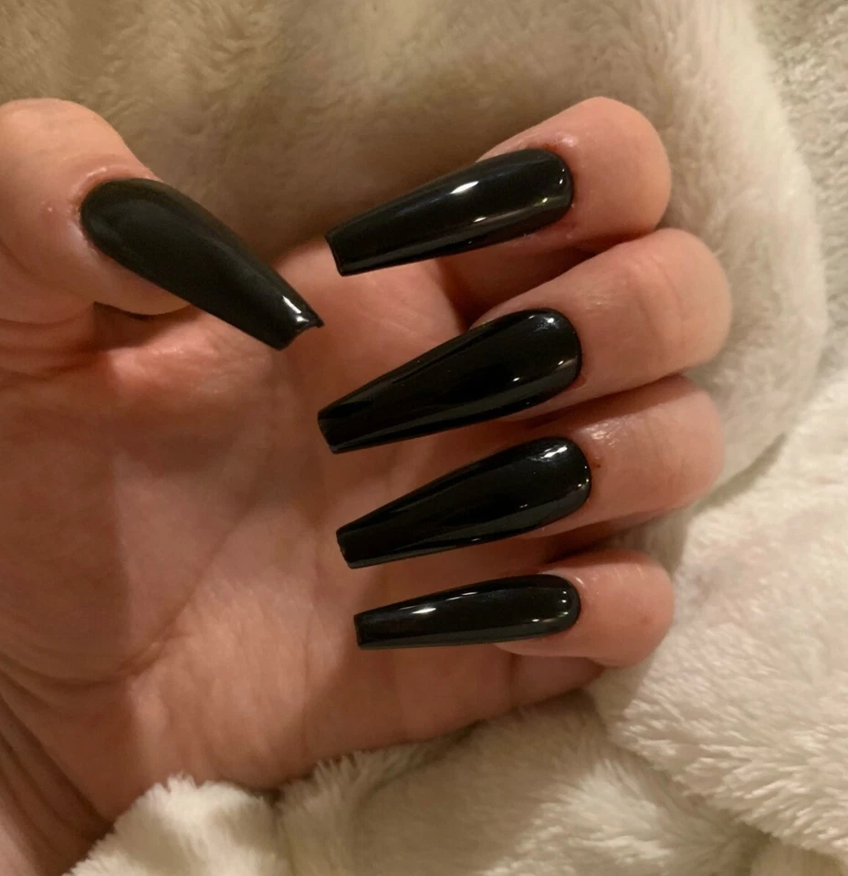 20pcs Black Glossy finish Long Press On Nails fake nails with glue all sizes - Image 1 of 1