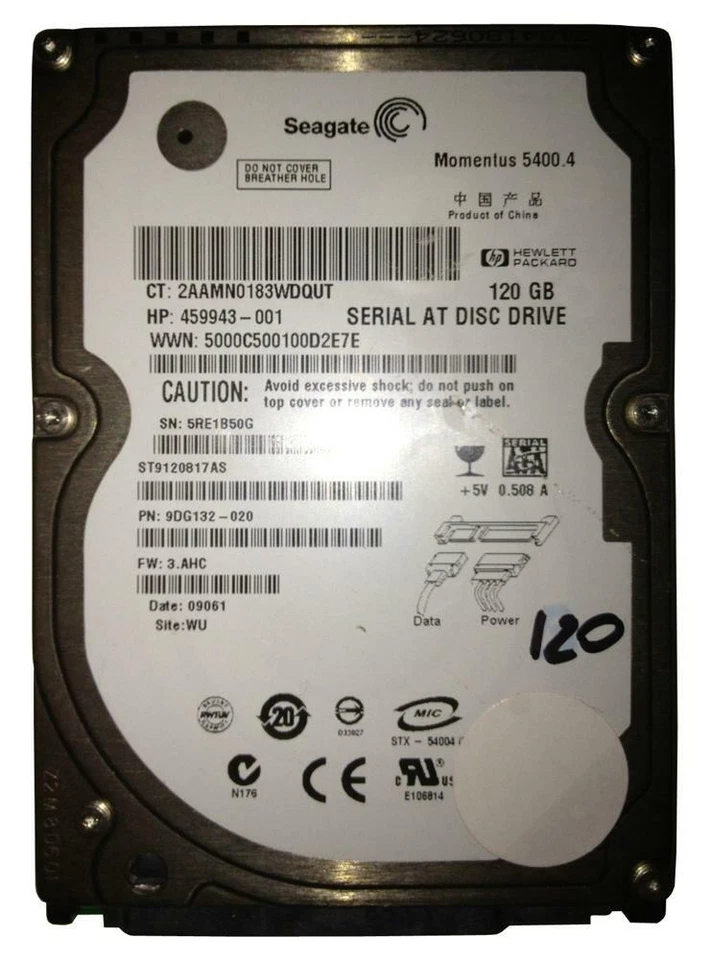 HP 530 120GB SATA HDD HARD DRIVE 5400RPM 451157-001 454995-001 418266-002 - Image 1 of 1