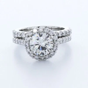 4.55CTW LAB DIAMONDS E/SI2 ROUND CUT PLATINUM 4-PRONG HALO SIDE-STONE RING SET - Picture 1 of 7