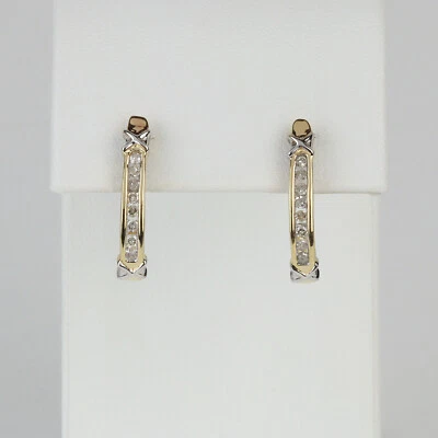 14k Yellow & White Gold, Diamond Half Hoop Threaded Stud Earrings - Image 1 of 2
