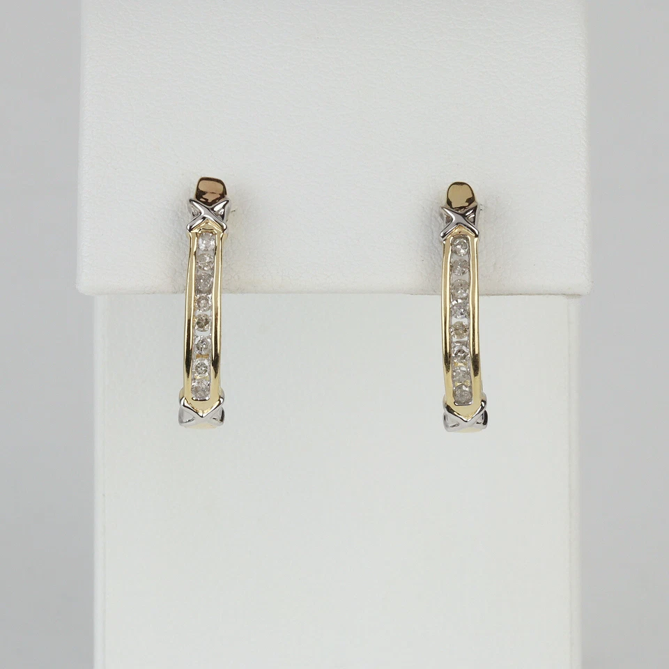 14k Yellow & White Gold, Diamond Half Hoop Threaded Stud Earrings - Image 1 of 2