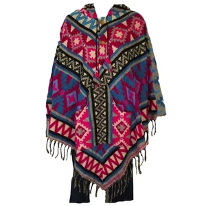 Poncho|2 Button| Drawstring Hood+Pocket|Boho| Triba||Yak Wool Blend|1 Size| Pink - Picture 1 of 5