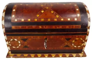 Portagioie in legno intarsiato varie conchiglia legno con coperchio gobba chiave antico - Foto 1 di 13