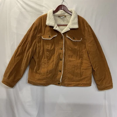 Time and Tru Tan Corduroy Trucker Utility Jacket 1X Faux Fur Trim Quilted Y2K - Image 1 of 4