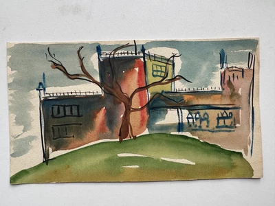 Pintura acuarela vintage de 1930 edificios de piedra rojiza Brooklyn NY 6 X 10 ÚNICA EN SU CLASE Foto 1 de 4