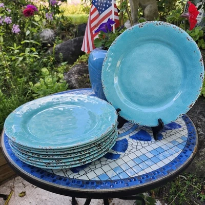 8 Platos de Cena Tommy Bahama Turquesa 100% Melamina Rústico Crackle Beach 11" Foto 1 de 4