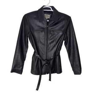 Vintage Y2K Sonoma Leather Jacket Women's Small Black Full Zip Belt Lambskin GUC - Picture 1 of 8