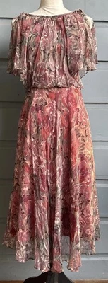 Vestido midi vintage años 70 gris y rosa de gasa - mariposa - discoteca! Studio 54...Talla 10 Foto 1 de 4