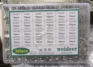 Weideer Glass Fuse Assortment Kit 360 Pcs 5x20mm 6x30mm 0.2A-20A 250V - New - Picture 1 of 6