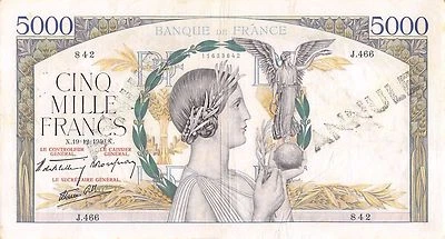 France  5000 Francs  19.12.1940  P 97a  Series J.466  Circulated Banknote - Image 1 of 2