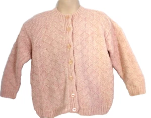 Handknit Size 4-5 Kids Girls Pale Pink Diamond Weave Wool Knit Cardigan - Picture 1 of 3