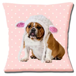Cute English Bulldog 16"x16" 40cm Cushion Cover Knitted Hat Pink/White Polka Dot - Picture 1 of 3