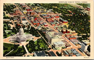 Vtg 1930s Aeroplane Aerial View of Topeka Kansas KS Unsed Linen Postcard - Picture 1 of 2
