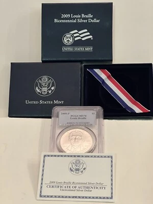 2009 P LOUIS BRAILLE COMMEMORATIVE SILVER DOLLAR. PCGS CERT MS-70. WITH OGP+COA - Image 1 of 4