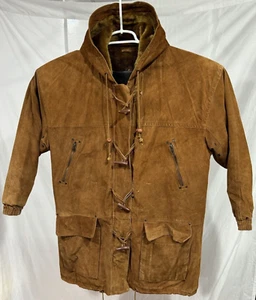 Large Heavyweight Hooded Lined Vintage Brown Suede Leather Jacket Women - Picture 1 of 15