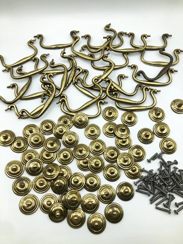 Set of 27 Vintage Brass Bail Handles with Metal Backplates Cover