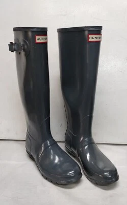 Botas de lluvia altas Hunter para mujer grafito brillo EE. UU. TALLA 8 clásicas hebilla impermeables  Foto 1 de 4