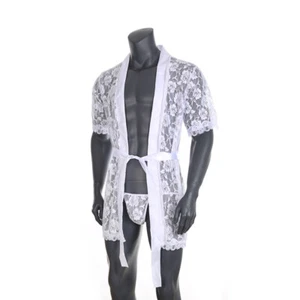 Lencería sexy masculina Sissy bata de encaje de malla transparente tanga para dormir ropa de dormir - Imagen 1 de 15