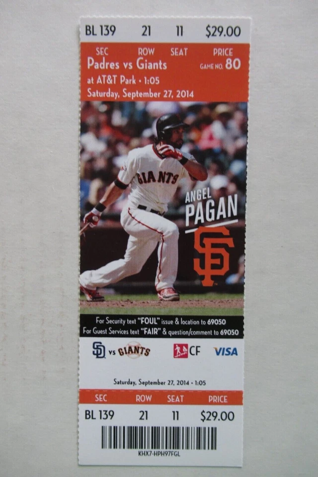 SAN FRANCISCO GIANTS VS SAN DIEGO PADRES 9/27/2014 FULL TICKET ~ ANGEL PAGAN - Image 1 of 1
