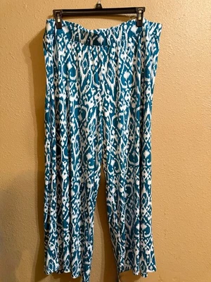 JESSICA LONDON WIDE LEG PALAZZO PANTS 26/28 TEAL & WHITE PRINT STRETCH PULL ON - Image 1 of 4