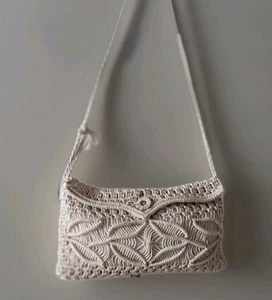 Vintage 1970s Ivory Handmade Cotton Macrame Purse Clutch Handbag - Picture 1 of 5