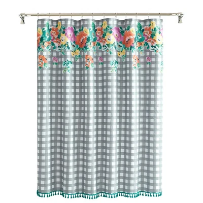 PIONEER WOMAN Woven Shower Curtain 72x72 NEW with Rings Gray Gingham Teal Tassel - Image 1 of 4