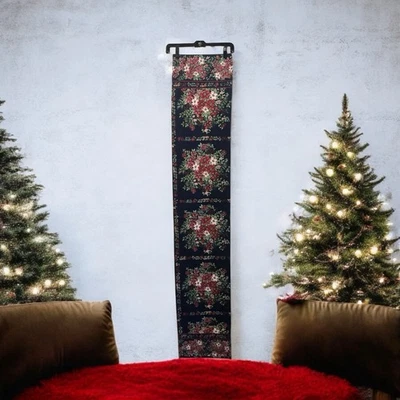 April Cornell Christmas Burgundy Pink Poinsettia Navy Blue Cotton Table Runner - Image 1 of 4