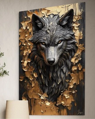 LEINWAND BILD Wolf Hund Abstrakt Modern Bilder Schwarz Gold Edel Wolfskopf XXL - Bild 1 von 2