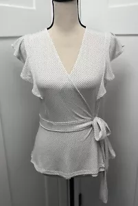 Banana Republic Women Short Flutter Sleeve Polka Dot Wrap Shirt White Small - Picture 1 of 12